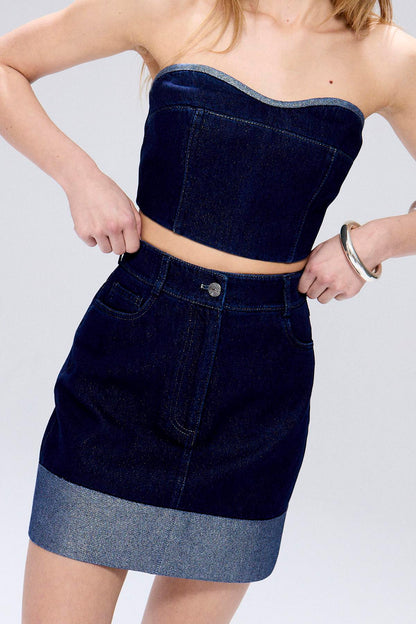 Sim Dikişli Mini Lacivert Denim Etek