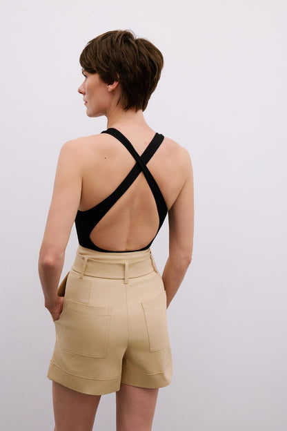 Sırt Bant Detaylı Streç Siyah Body