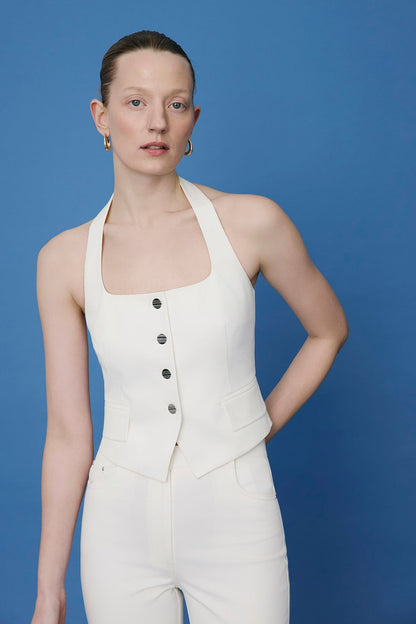 Sırt Dekolteli Denim Dokulu Crop Ekru Büstiyer