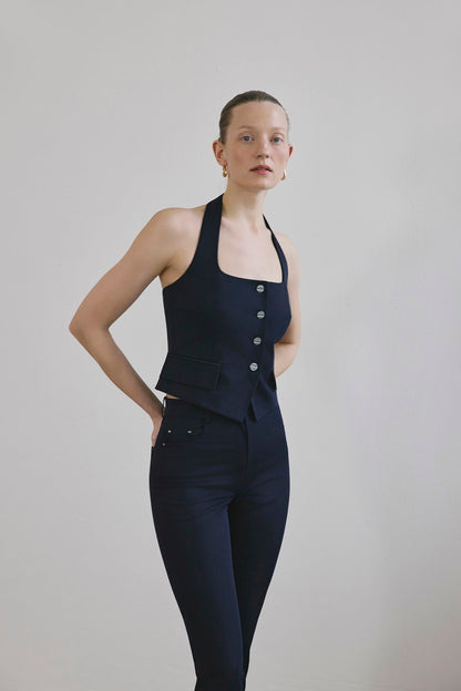 Sırt Dekolteli Denim Dokulu Crop Lacivert Büstiyer
