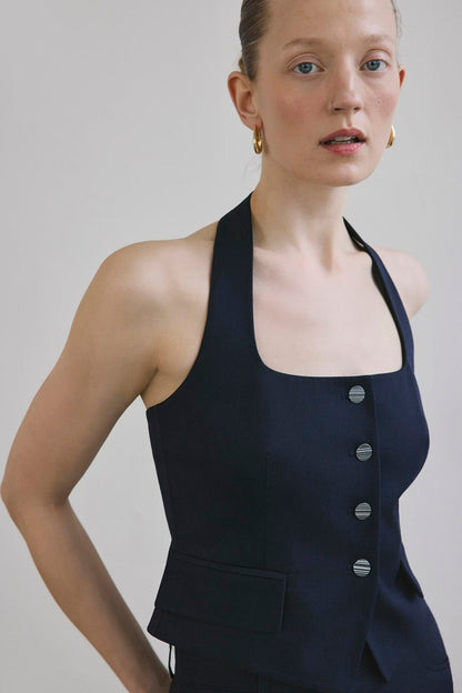 Sırt Dekolteli Denim Dokulu Crop Lacivert Büstiyer