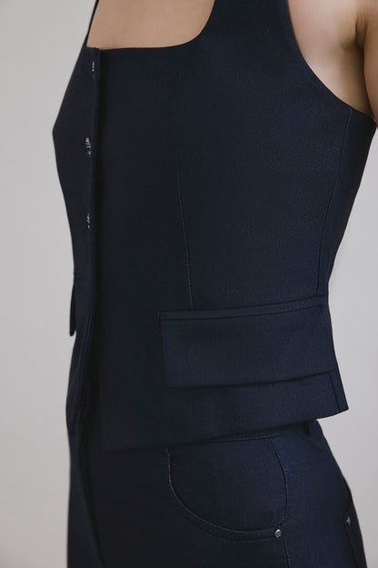 Sırt Dekolteli Denim Dokulu Crop Lacivert Büstiyer