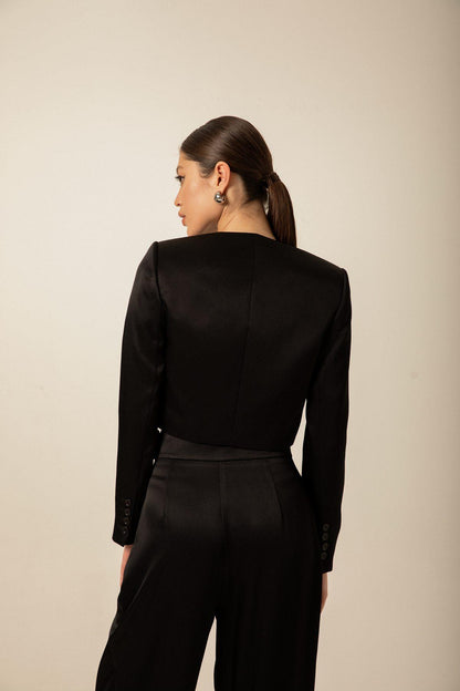 Siyah Saten Crop Ceket