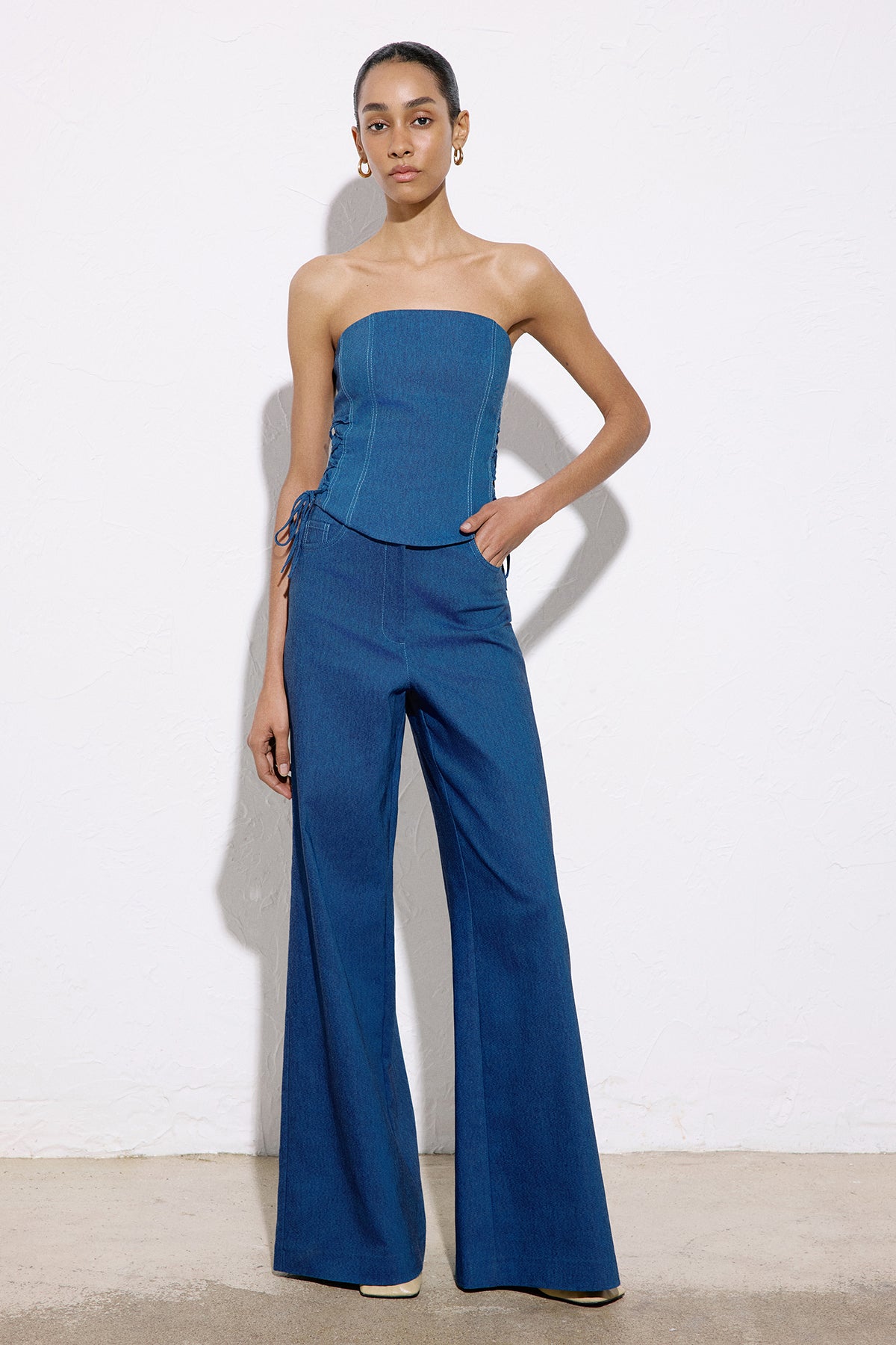Straplez Denim Dokulu Crop Mavi Büstiyer