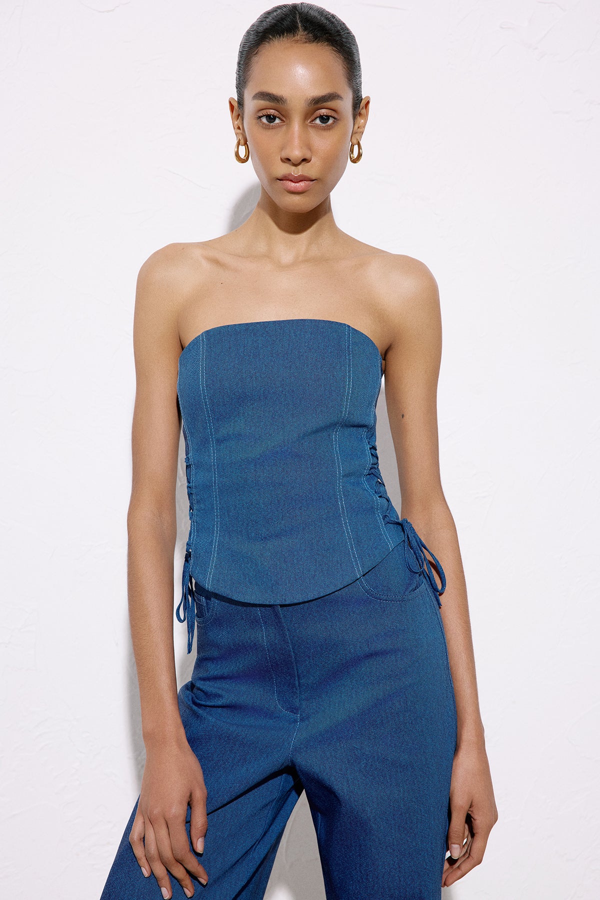 Straplez Denim Dokulu Crop Mavi Büstiyer
