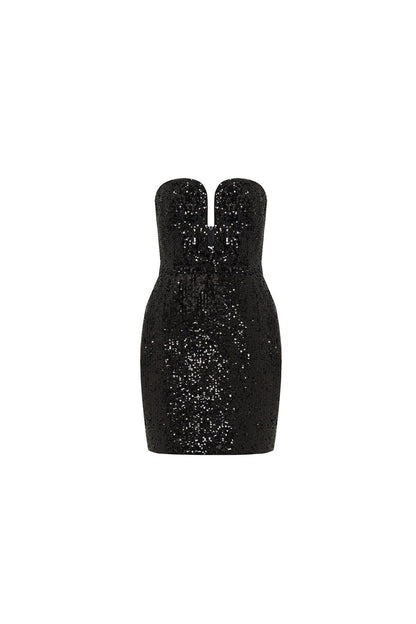 Straplez Payet Siyah Mini Elbise