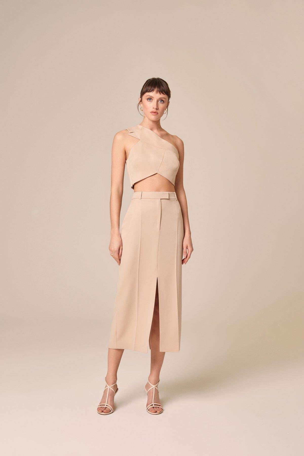 Tek Omuzlu Bej Crop Top