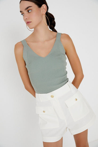 V Yaka Örgü Mint Triko Crop Büstiyer