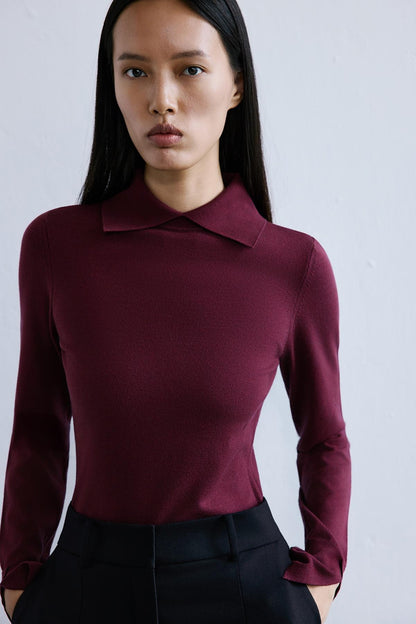 Yakalı Basic Bordo Triko Bluz