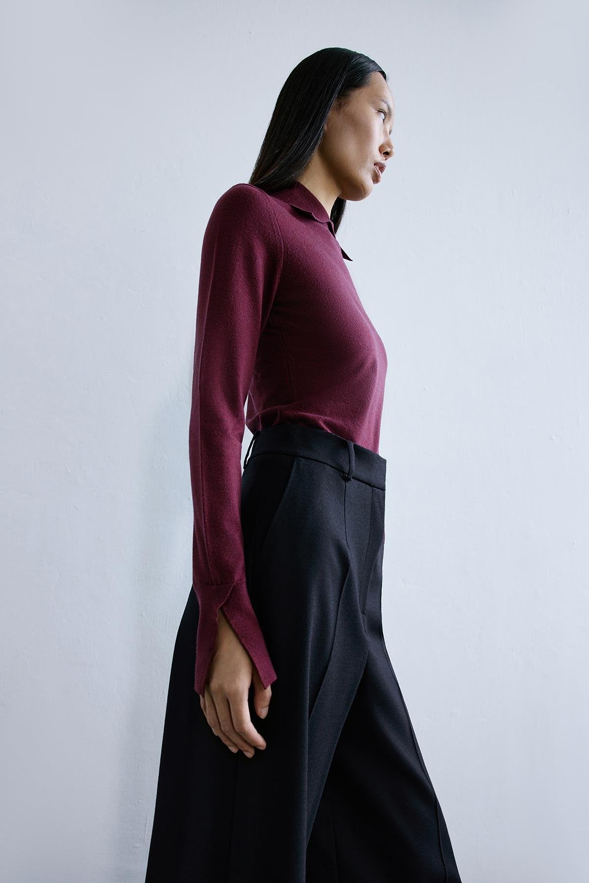 Yakalı Basic Bordo Triko Bluz