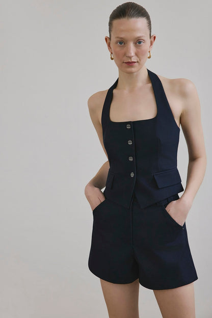 Yüksek Bel Denim Dokulu Lacivert Mini Şort