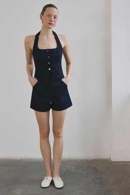 Yüksek Bel Denim Dokulu Lacivert Mini Şort