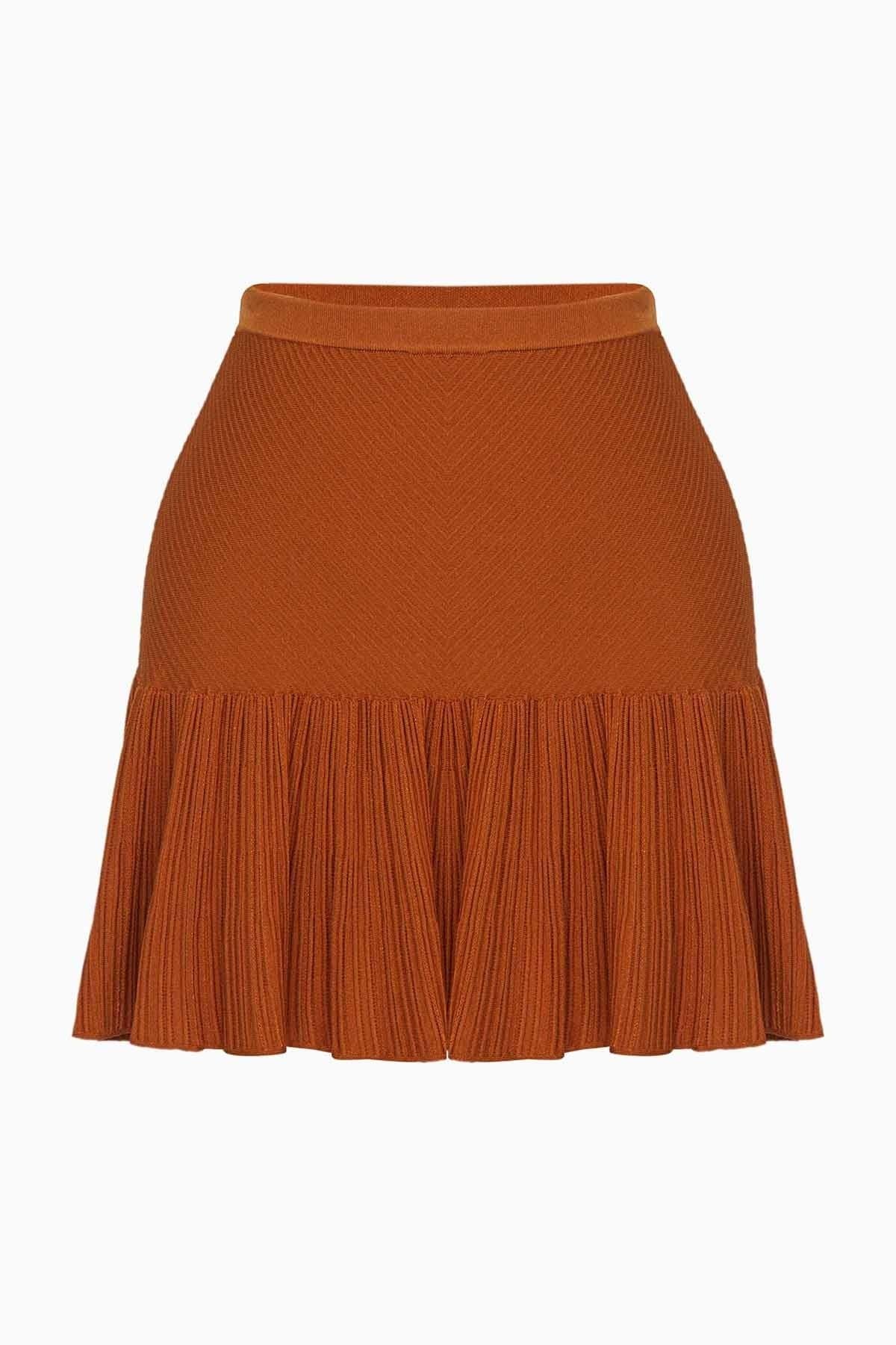 Yüksek Bel Volanlı Taba Triko Etek