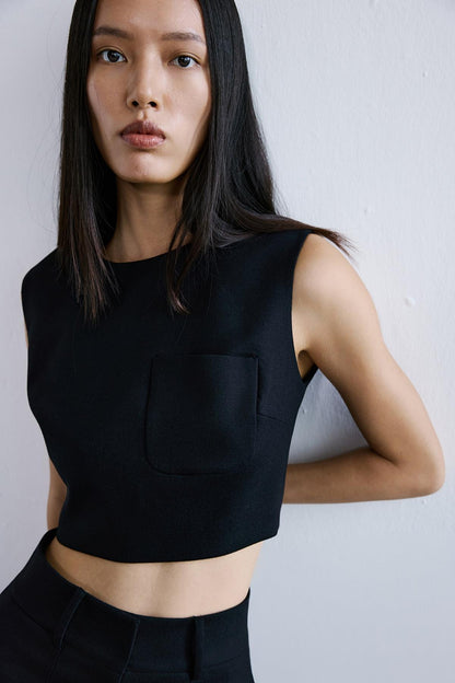 Yün Dokulu Crop Siyah Bluz