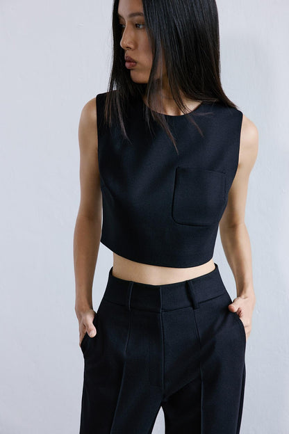 Yün Dokulu Crop Siyah Bluz